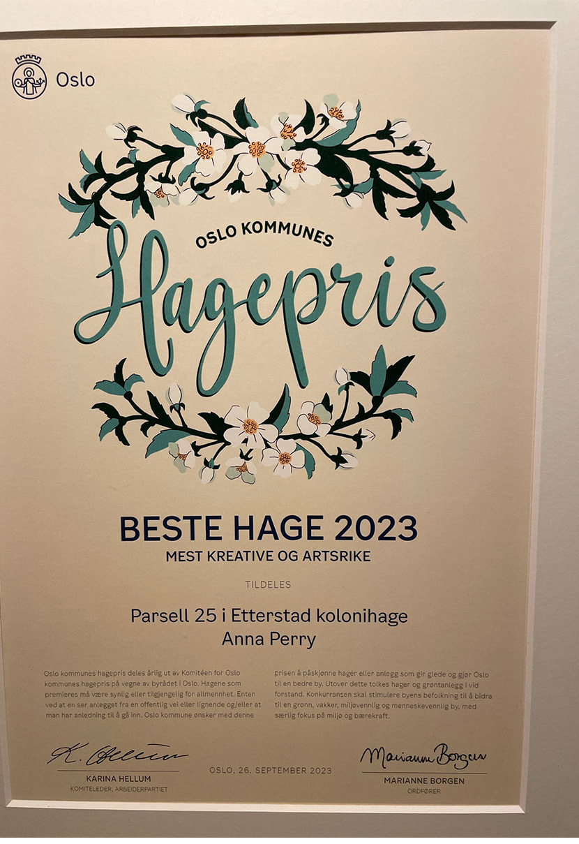 Bilde av diplomet som Anna Perry fikk for beste hage 2023