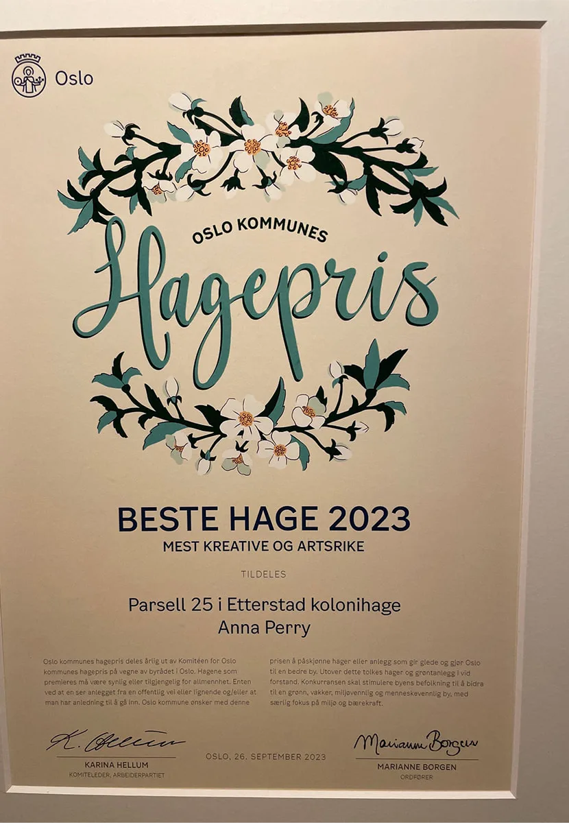 Bilde av diplomet som Anna Perry fikk for beste hage 2023